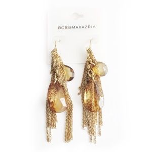 BCBG EARRINGS FAUX DIAMOND GOLD TONED FRINGE CHAIN